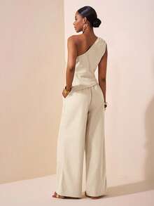 Zivah Conjunto de 2 piezas de top y pantalones rectos de mujer en color caqui, con un diseño de hombro asimétrico, cintura plisada y bajo asimétrico. Estilo elegante y versátil, adecuado para festivales de música, Pascua, Día de la Madre, bodas, fiestas de cumpleaños, uso diario y casual.
