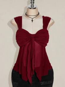 SHEIN ICON Plus Size Women's Asymmetrical Plain See-Through Mesh Hem Camisole Tank Top, Rave Top, See Through Top, Suitable For Summer Vacation, Graduation Season, Back To School, Y2K Style Burgundy Top Tie Front Top