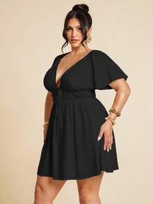 SHEIN BAE Plus Size Women's V-Neck Ruched Tie Linen Short Sleeve White Elegant Dress, Casual Everyday Dress, Mini Dress, Fashion Daily Wear/ Black Vacation Dress/ Flutter Sleeve Dress/ Black Mini Dress/ Plus Size Black Dress