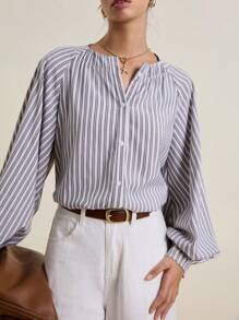 INAWLY Women's Striped Print Notch Collar Front Button Long Sleeve Casual Shirt Fall Cloth For Women - Multicolor - View 1