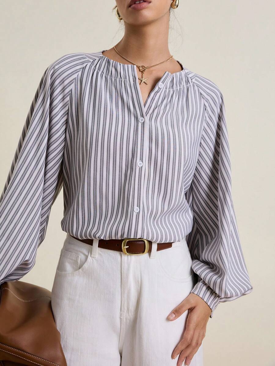 INAWLY Women's Striped Print Notch Collar Front Button Long Sleeve Casual Shirt Fall Cloth For Women - Multicolor - View 1