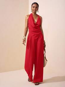 Zivah 2025 春夏新款音乐节、复活节、圣帕特里克节、西部风、游牧风、生日派对、毕业典礼、学院风、学生装、日常休闲、百搭百搭、休闲、邮轮旅行、海滩、日光浴、病毒式传播、街头服饰、婚礼嘉宾波西米亚风、通勤、早午餐、机场装 - 棕色纹理面料不对称结饰设计尖头上衣、喇叭领上衣和阔腿裤套装 - 紅色 - 查看 4