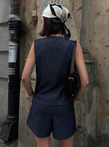 DAZY 2pcs Women Solid Color Round Neck Front Button Sleeveless Top And Shorts Set - Navy Blue - View 3