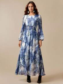 Florisole 波西米亚风女式花卉印花灯笼袖连衣裙 - 藍色 - 查看 5