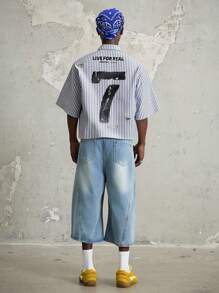 Aesthetic Post--Street Casual Distressed Numeral Slogan Striped Print Boxy Cropped Shirt Men's Cropped Tops, Men Cropped Graphic Shirt, Striped Cropped Shirt - Multicolor - View 7