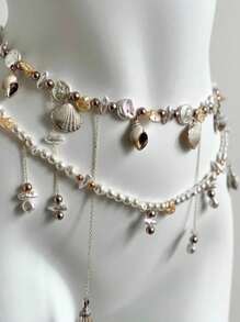 ROMWE 1pc Women's Beach Vacation Style Double Layer Baroque Pearl Shell Conch Tassel Waist Chain - Multicolor - View 3