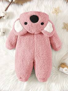 新生男婴可爱考拉图案连帽刺绣3D泡泡耳抓绒连体衣，秋冬 - 淺粉色 - 查看 2