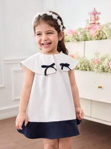SHEIN Babygirl Elegant & Cute Color Block Bowknot Collar Loose Dress - White - View 4