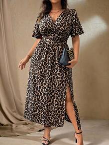Roveilla Plus Size Women Leopard Print V-Neck Short Puff Sleeve Side Split Hem Fashionable Dress Maxi Women Outfit - Brown - View 1