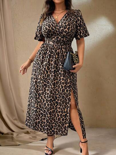 Roveilla Plus Size Women Leopard Print V-Neck Short Puff Sleeve Side Split Hem Fashionable Dress Maxi Women Outfit