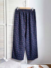 Comfortcana Plus Size Casual Navy Blue Plaid Bow Print Drawstring Pants - Navy Blue - View 2