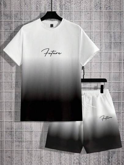 Manfinity Homme 男士夏季字母印花圆领短袖休闲T恤短裤套装，拼色，外出