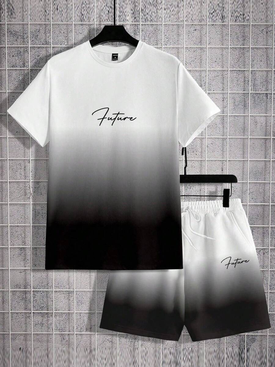 Manfinity Homme Men's Summer Letter Print Round Neck Short Sleeve Casual T-Shirt And Shorts Set, Color Block, Going Out - Black and White - View 1