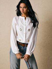 Poéselle Blouse en coton brodée d'œil du mal de style boho - Chemise à manches ballons à boutons blancs, Top boho brodé, Blouse blanche pour femmes, Chemise à manches ballons, Broderie motif œil, Blouse cottagecore, Festival femmes, Chemise mode à manches longues à paillettes motif œil pour femmes, Costumes d'Halloween, Automne femmes - Blanc - Voir 5