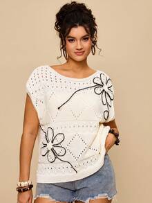 Travachic Gilet sans manches en tricot à motif floral et lignes pour femmes grandes tailles, convient pour l'été et l'automne - Beige - Voir 6