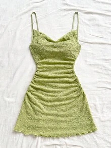 Soleia Váy ngắn hở lưng, cổ nhún bèo, dây mảnh, màu vàng nhạt, thích hợp cho ngày lễ, hẹn hò, ngày lễ tình nhân, trà chiều, kỳ nghỉ, lễ hội âm nhạc, phong cách Bohemian - màu xanh lá - Xem 4