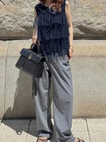 FRIFUL Áo thun không tay lưới khóa kéo nhiều lớp dành cho nữ, dáng rộng thoải mái, năng động cho lễ hội âm nhạc nghỉ dưỡng - Màu xanh hải quân - Xem 2