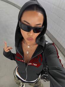 SHEIN Unity 复古美式拉链连帽修身女式秋季运动衫 - 灰色 - 查看 5