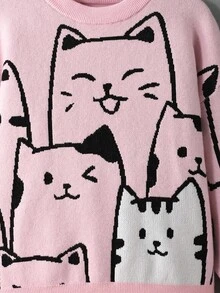 SHEIN 青少年女孩可爱卡通图案圆领休闲长袖套头毛衣 - 淺粉色 - 查看 3