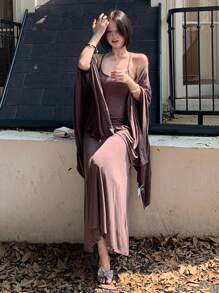 DAZY Women's Loose Casual Sleeveless Dress And Cover Up Set, Elegant Minimalist Style For Office, Vacation, Spring/Summer/Autumn - Brown - View 4