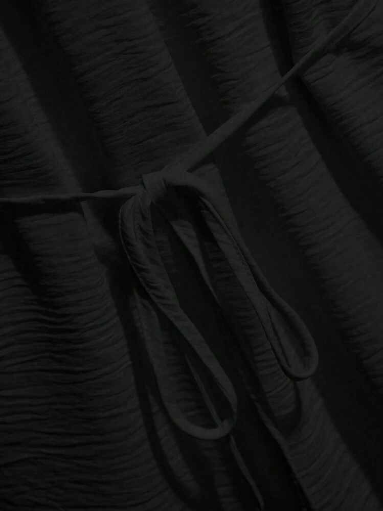 Franclia 女性用エレガントカジュアル ウエストタイ カフスリーブ オープンフロントシャツ 大学向け - ブラック - 見る 5