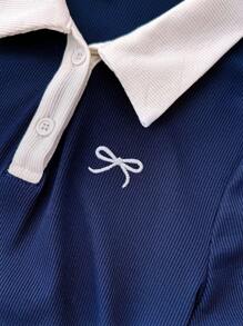 少女蓝白休闲个性撞色领罗纹针织纽扣修身连衣裙，夏季连衣裙，蝴蝶刺绣 - 藏蓝色 - 查看 4