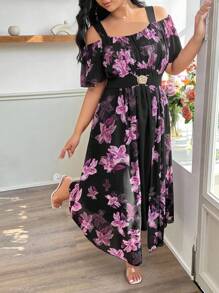 Modelyn 大码女式雪纺花卉印花露肩金属扣腰优雅长裙 - 黑色 - 查看 6