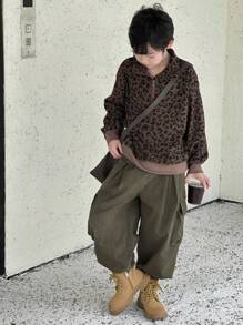 Dazy Kids 秋季大码男童休闲宽松豹纹Polo领卫衣