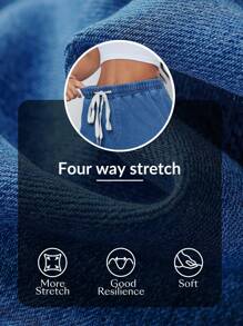 Flexra Elastic Waist Drawstring Cat's Whiskers Distressed Washed Knit Denim Pants - Medium Wash - View 8