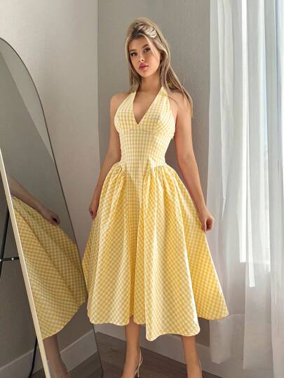 Sweetina 夏季优雅格子露背挂脖连衣裙
