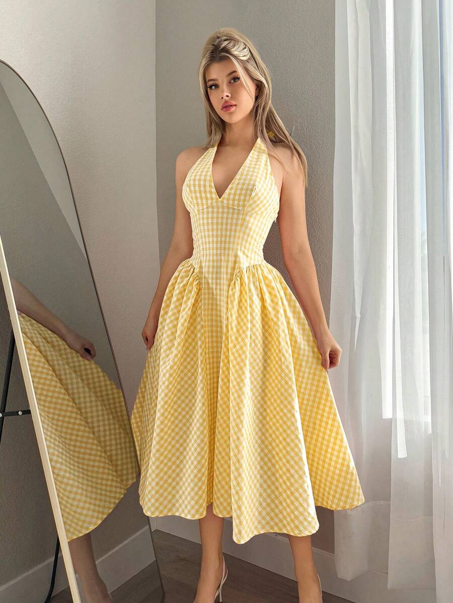 Sweetina 夏季优雅格子露背挂脖连衣裙 - 黃色 - 查看 1