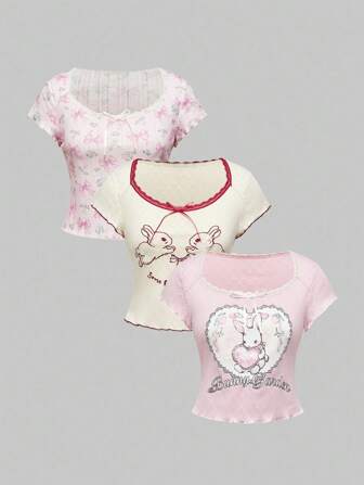 Kawaii Set de camiseta básica con cuello redondo, diseño bordado y bloques de color con lazo de rabí lindo para mujer