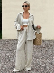 Livesso Bộ 2 món đồ mặc nhà kiểu vải lanh rộng rãi, thoải mái dành cho nữ, thích hợp cho mùa thu. - Màu Khaki - Xem 4