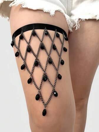 ROMWE Goth Holle visnet meerlaagse beenketting, zwarte kristallen kralen lichaamsketting voor vrouwen, sexy