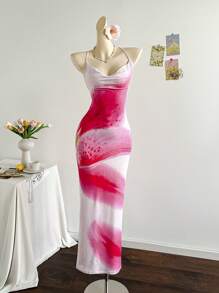 Soleia 女士度假花卉印花低胸露背系带长裙，休闲性感连衣裙，适合夏季度假、约会、下午茶、海滩、游轮、公路旅行、音乐节、波西米亚风度假 - 淺粉色 - 查看 3