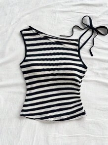 Soleia 女士条纹针织不对称领口修身衬衫，适合派对、圣诞节、约会、海滩、游轮、狂欢节、夏季 - 彩色 - 查看 4