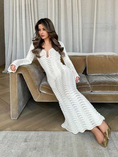 Jemour 纯色针织镂空波浪形喇叭袖沙滩毛衣裙，性感