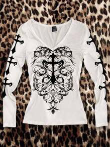 Attitoon 女式 V 领休闲简约朋克十字印花修身舒适白色长袖 T 恤，适合机场穿着的百搭上衣，Y2K 风格秋冬 - 白色 - 查看 5