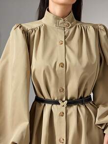 Heiryn 蝴蝶结腰身喇叭灯笼袖高端女式外套，适合秋季穿着 - 卡其色 - 查看 4