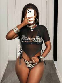 BamGleam Women's Summer Beach Leopard Print Number Halter Bikini Top With Side Tie, Leopard Print Triangle Bottoms, And Letter Print Mesh Crop Top 3 PiecesSwimsuit Set For Vacation - Multicolor - View 5