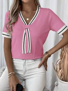 SHEIN LUNE 女式拼色条纹短袖针织上衣