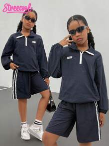 Girls'Navy Blue Autumn Long-Sleeve Windbreaker Set With Shorts,Fashionable Minimalist Stylish Look,Cow Boy Vacation Youthful Vitality Outfit - Royal Blue - View 1