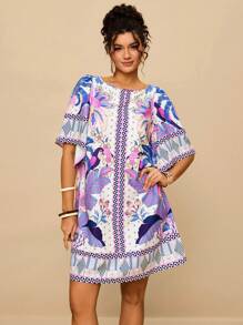 Travachic Plus Size Women Tropical Bohemian Print Loose Fit Round Neck Short Sleeve Casual Dress, Suitable For Autumn,Holiday Outfits For Women - Mauve Purple - View 4