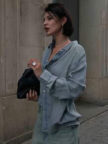 DAZY Women's Distressed Loose Denim Shirt Long Sleeve Top - Blue - View 2