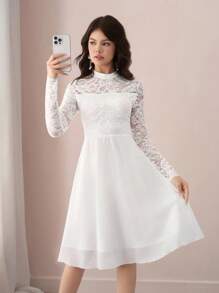 Pitira Pitira 少女白色透明蕾丝边雪纺下摆中长连衣裙，适合节日、派对、优雅、婚礼、返校、毕业 - 白色 - 查看 6