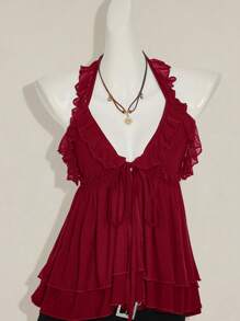 SHEIN ICON Áo ba lỗ đơn giản, buộc dây, viền bèo nhún, màu đen - Màu Đỏ Sâu - Xem 7