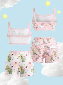 LE PETIT PRINCE X SHEIN 少女 2 双装 卡通人物彩虹印花蝴蝶结装饰文胸和宽松内裤套装 - 粉色 - 查看 2