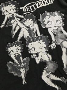 Betty Boop | ROMWE Camiseta de manga corta de cuello redondo con estampado de dibujos animados, de talla grande y estilo casual de verano - Negro - Ver 4