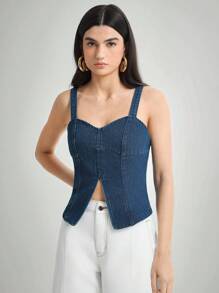 Daynim 女士休闲开衩肩带牛仔吊带背心 - 中等水洗藍 - 查看 4