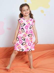 CoComelon X SHEIN Váy ngủ mùa hè chống cháy tay lửng dáng rộng in họa tiết hoạt hình trái tim màu hồng cho bé gái - Hồng - Xem 4